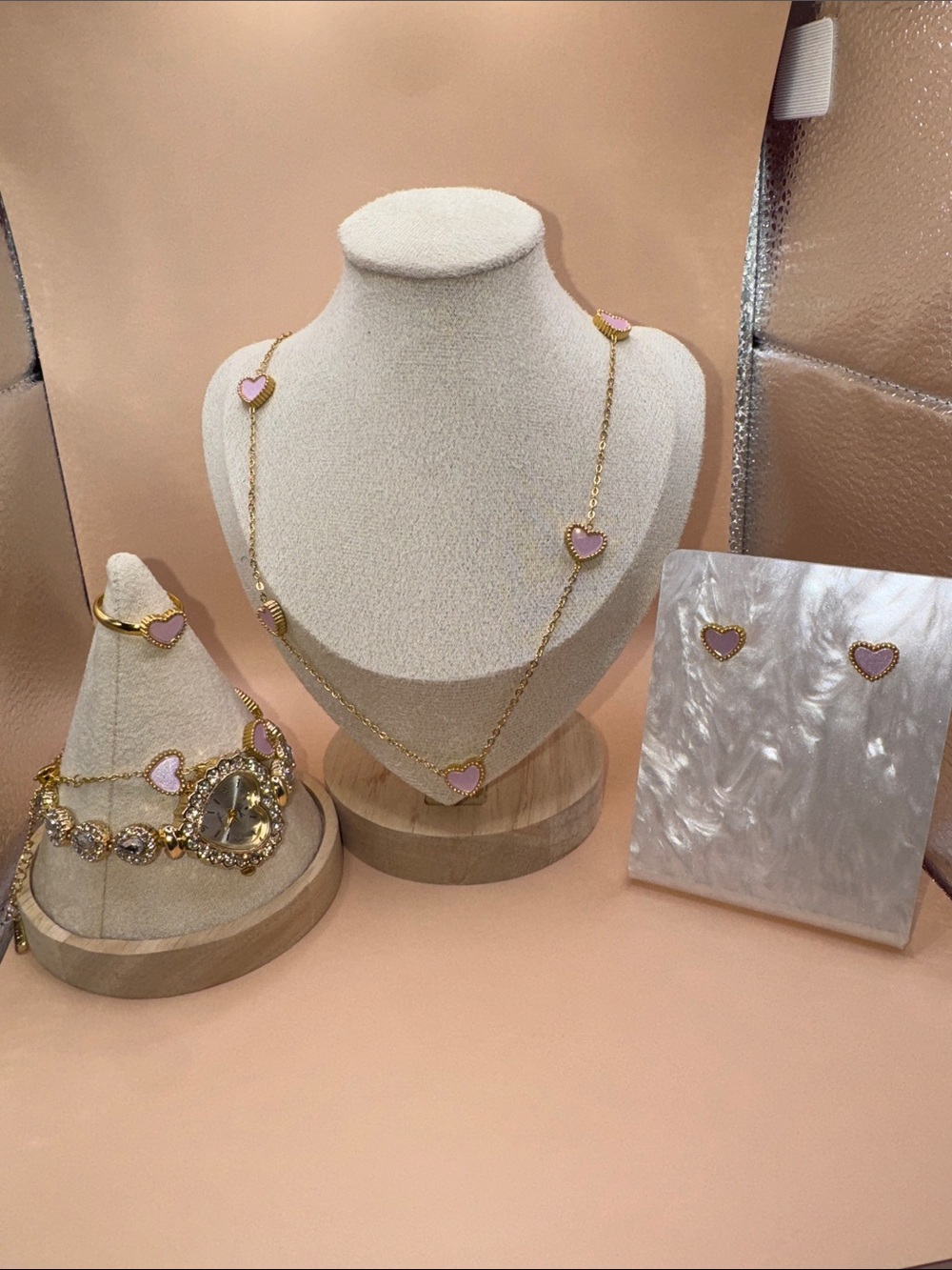 Gold-Plated Pink Heart Pendant Necklace and Bracelet Set!!!$35 Stainless Steel!